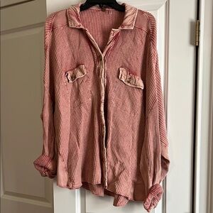 Free People Pink Button-Up Waffle Knit Shirt